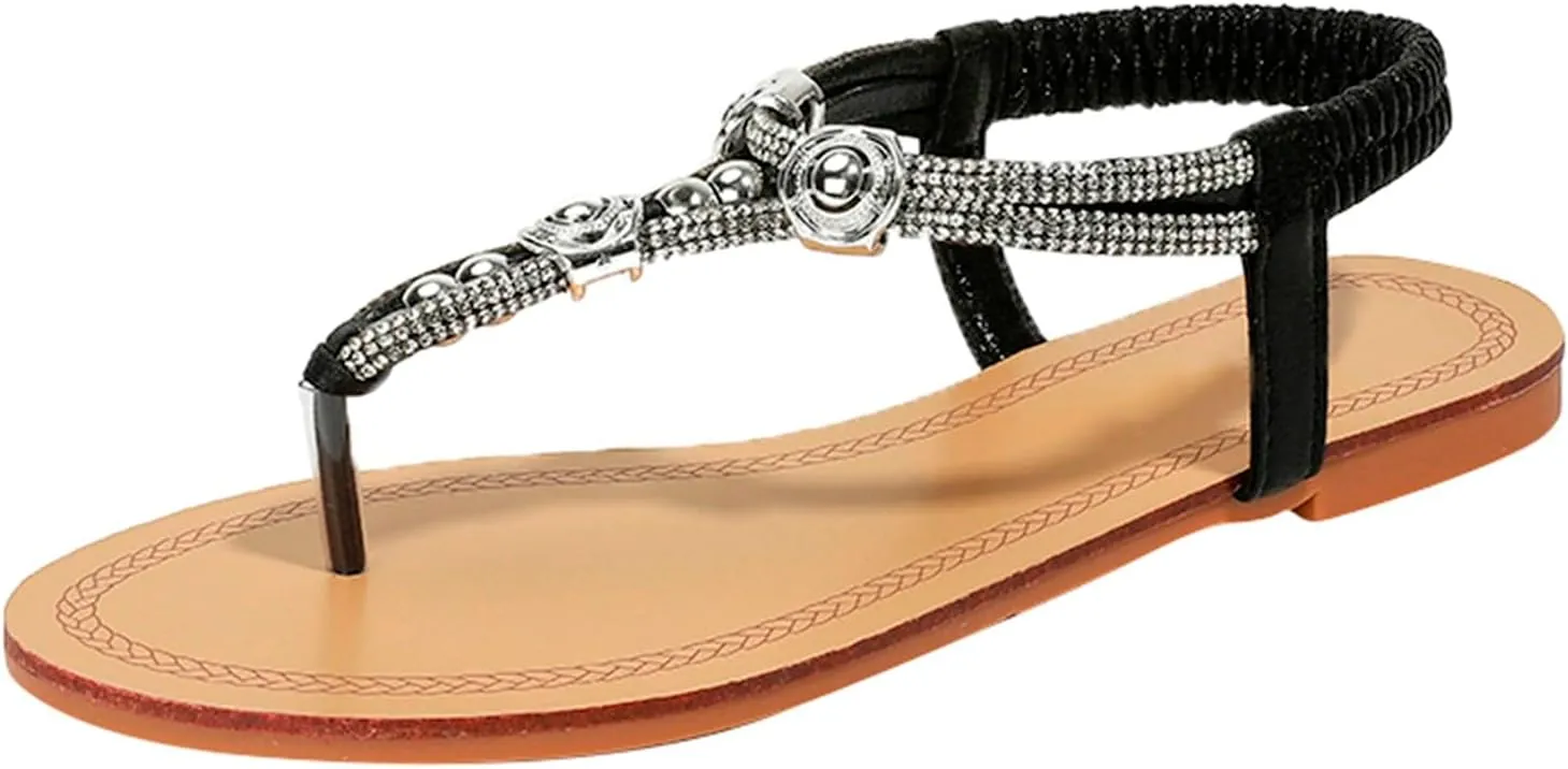 Sandals Women Arch Support Flip Flops Sandals Summer Bohemian Flat Sandal Elastic Strap Dressy Vacation Shoes