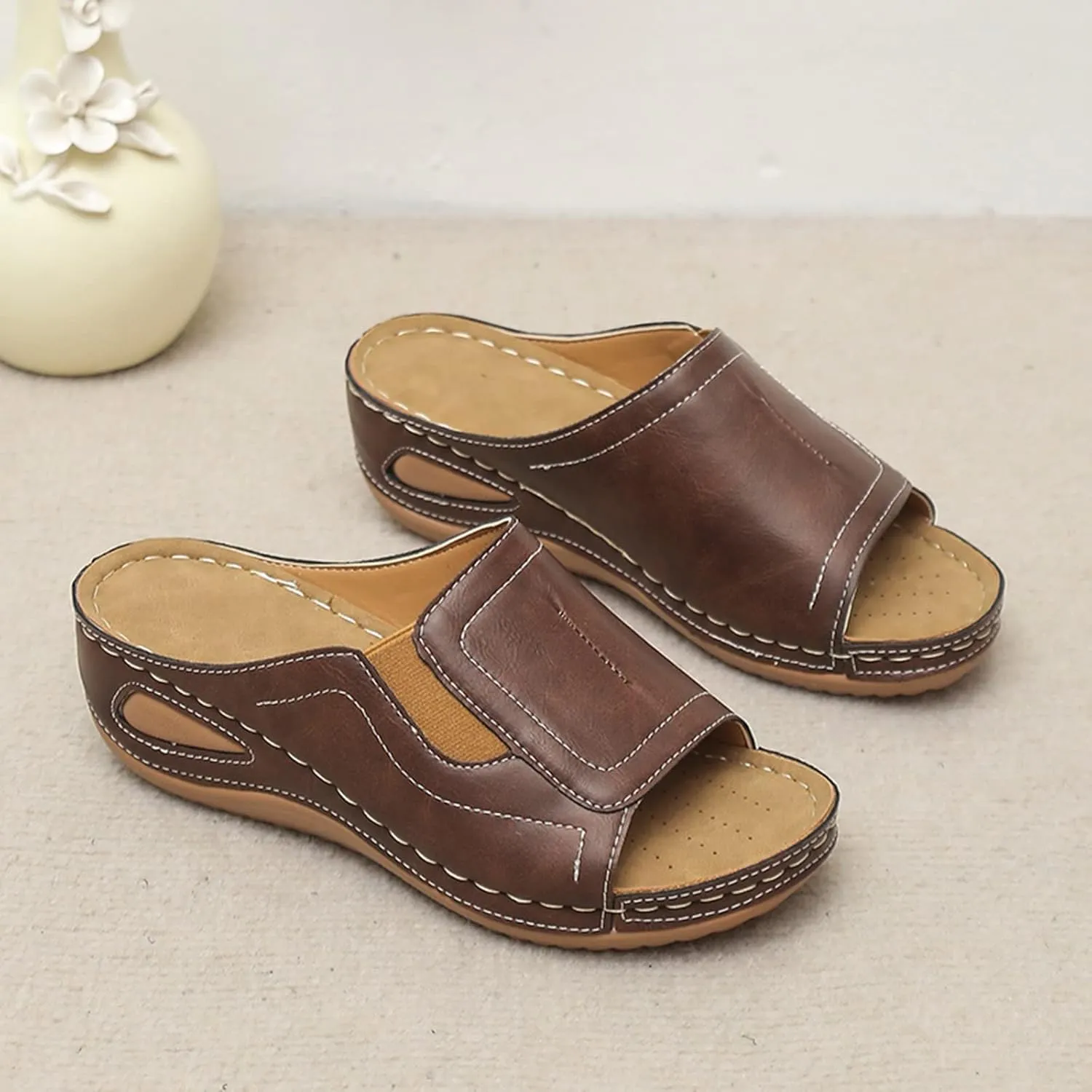 Sandals Women Arch Support Sandals Comfort Leather Slippers Wide Width Platform Wedge Sandal Casual Walking Shoes