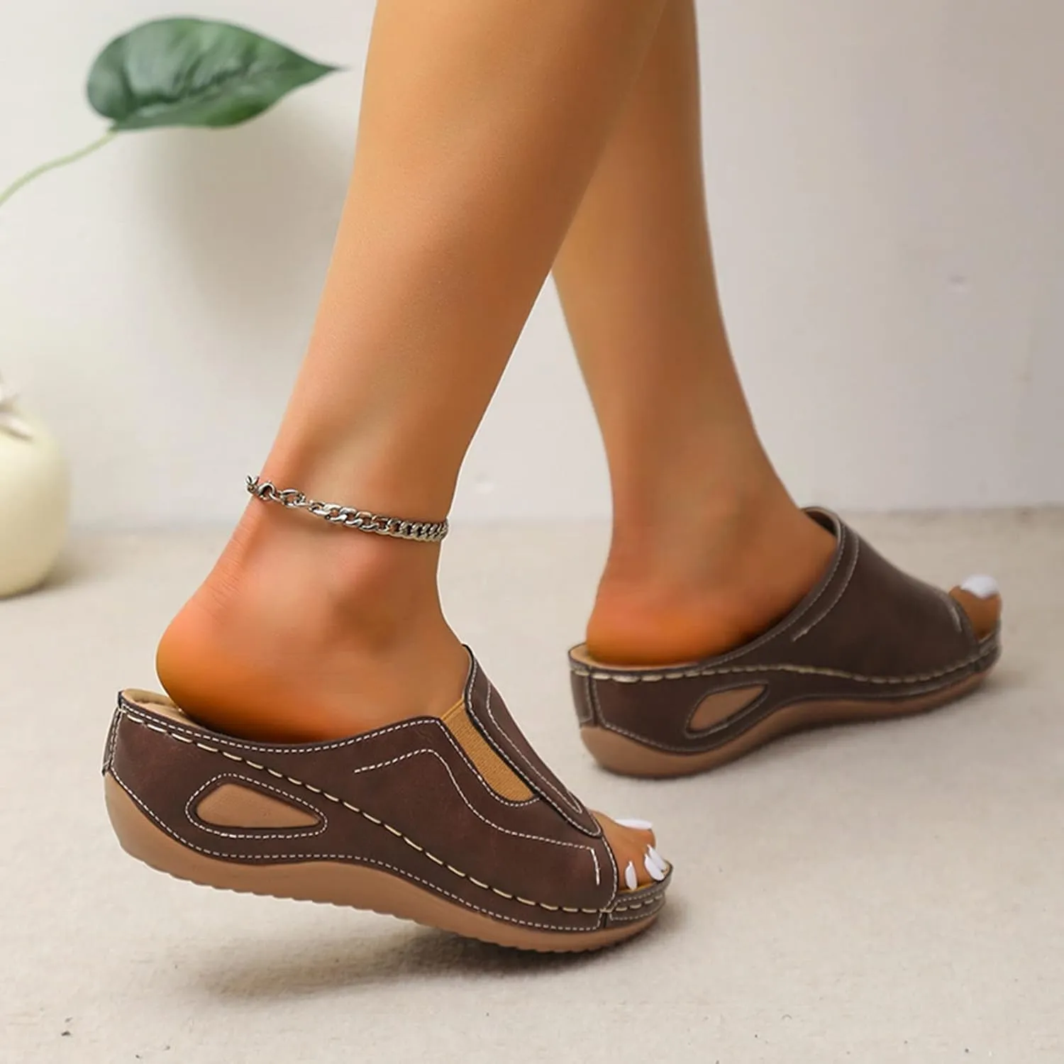 Sandals Women Arch Support Sandals Comfort Leather Slippers Wide Width Platform Wedge Sandal Casual Walking Shoes