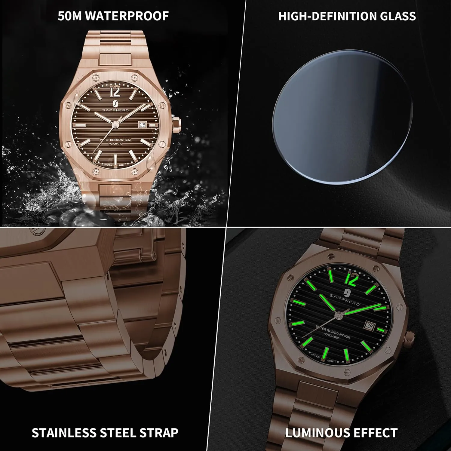 SAPPHERO Mens Watches 50M Waterproof, Men's Mechanical Automatic Watch, Modern Stylish Business Stainless Steel Strap Watch for Men with Date Elegant Mens Gift