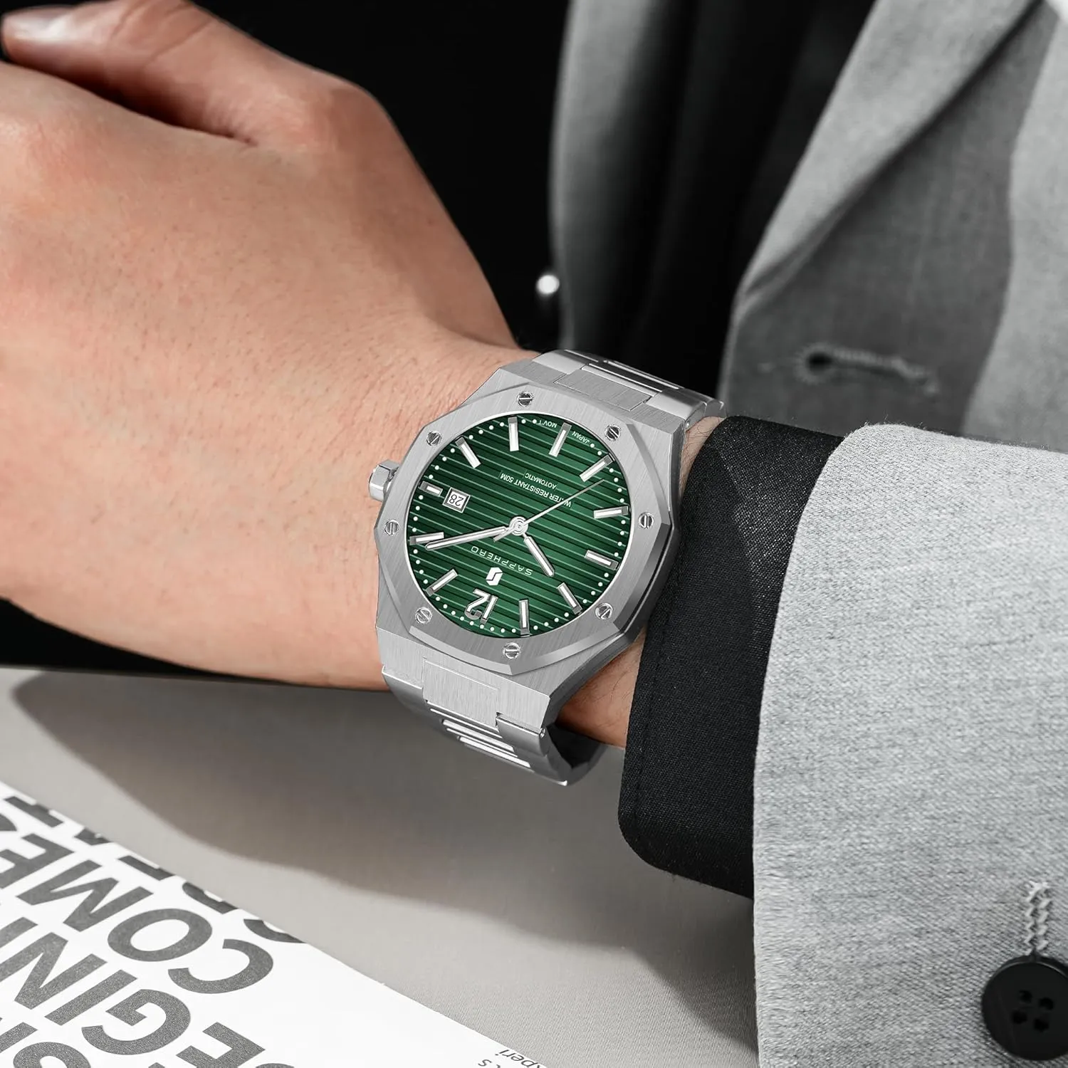 SAPPHERO Mens Watches 50M Waterproof, Men's Mechanical Automatic Watch, Modern Stylish Business Stainless Steel Strap Watch for Men with Date Elegant Mens Gift