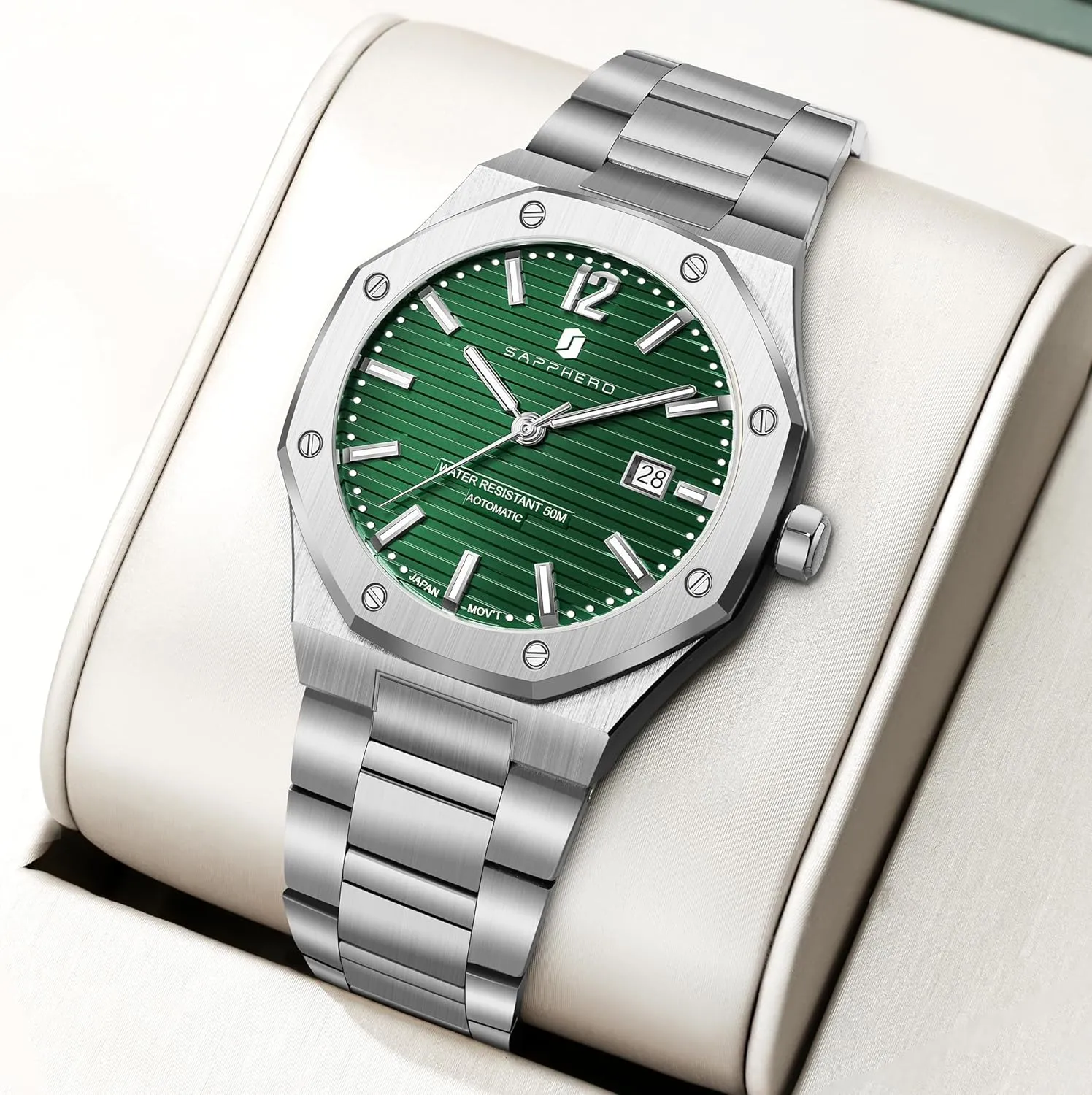 SAPPHERO Mens Watches 50M Waterproof, Men's Mechanical Automatic Watch, Modern Stylish Business Stainless Steel Strap Watch for Men with Date Elegant Mens Gift