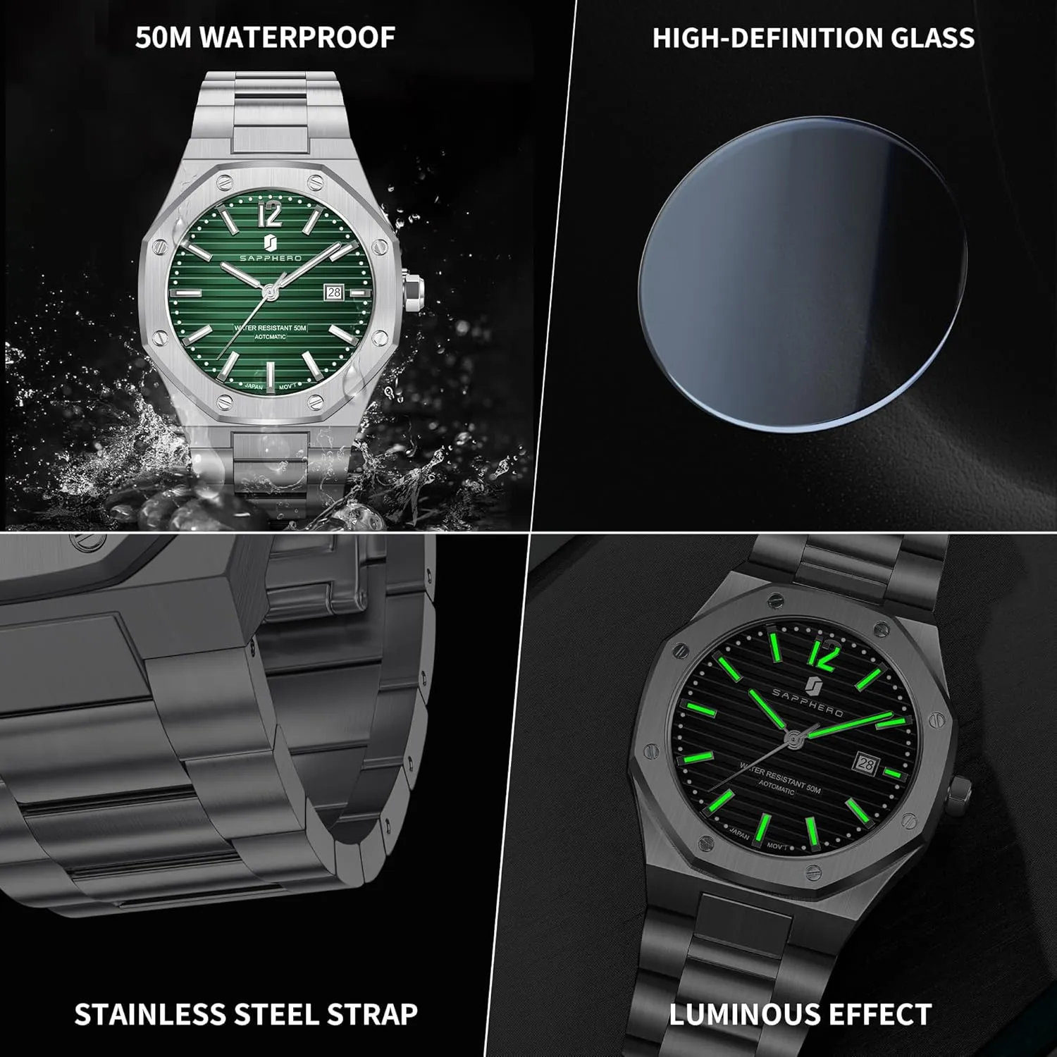 SAPPHERO Mens Watches 50M Waterproof, Men's Mechanical Automatic Watch, Modern Stylish Business Stainless Steel Strap Watch for Men with Date Elegant Mens Gift