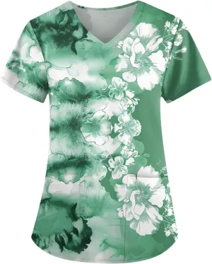 Scrubs for Women Short Sleeve V Neck Print Tops Nursing Working Uniform T-Shirts Casual Caregiver Top