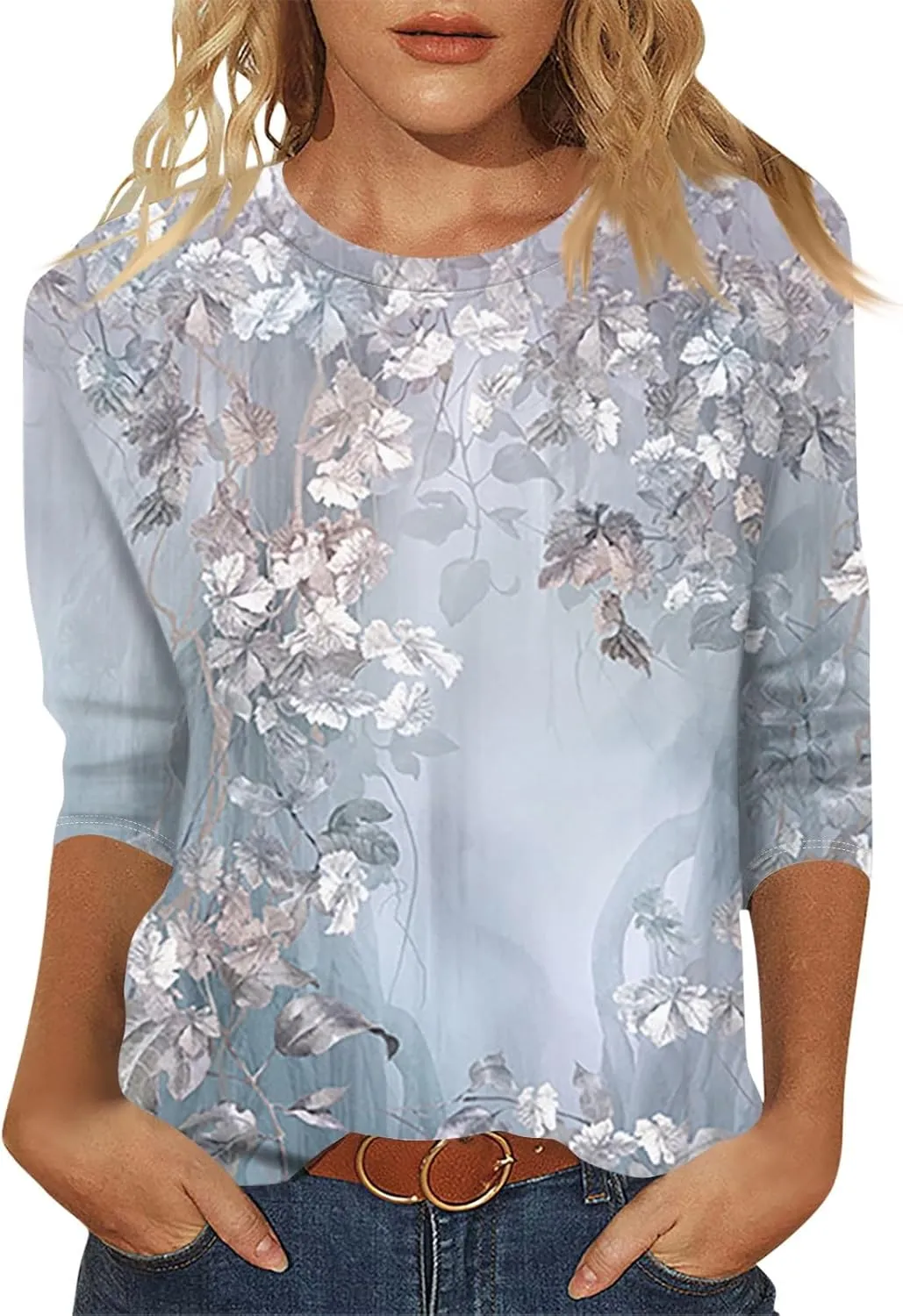 SERYU 3/4 Sleeve Tops for Women Round Neck Loose Casual Shirts Blouses Floral Print Tshirts