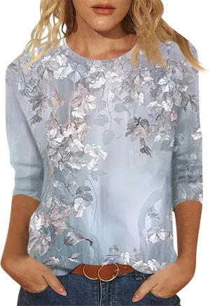 SERYU 3/4 Sleeve Tops for Women Round Neck Loose Casual Shirts Blouses Floral Print Tshirts