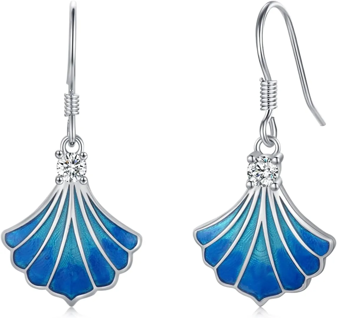 Shell Earrings for Women S925 Sterling Silver Hook Drop Blue Sea Earrings Dangle Cubic Zirconia Hypoallergenic Earrings for Women Popular silver earringss Jewelry Gift