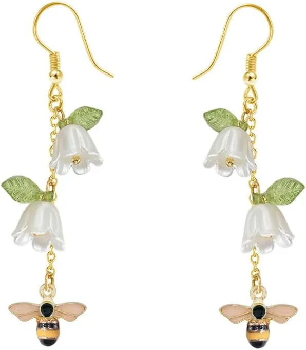 Shell Pearl Flower Leaf Bee Dangle Drop Earrings Gold Plated Acrylic White Fairy Floral Animal Long Tassel Dangling Lightweight Holiday Hypoallergenic Jewelry