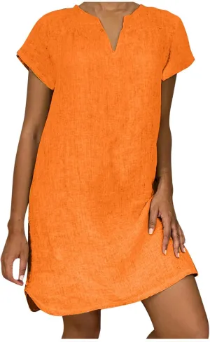 Shirt Dresses for Women Cap Sleeved Vintage Cotton Linen Long Dress Loose Fit Crewneck Casual Summer Dress Pockets