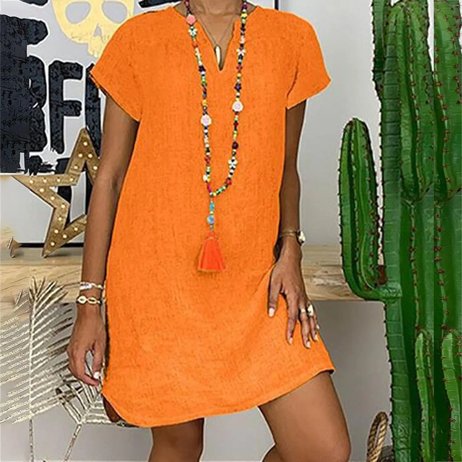 Shirt Dresses for Women Cap Sleeved Vintage Cotton Linen Long Dress Loose Fit Crewneck Casual Summer Dress Pockets