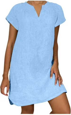 Shirt Dresses for Women Cap Sleeved Vintage Cotton Linen Long Dress Loose Fit Crewneck Casual Summer Dress Pockets