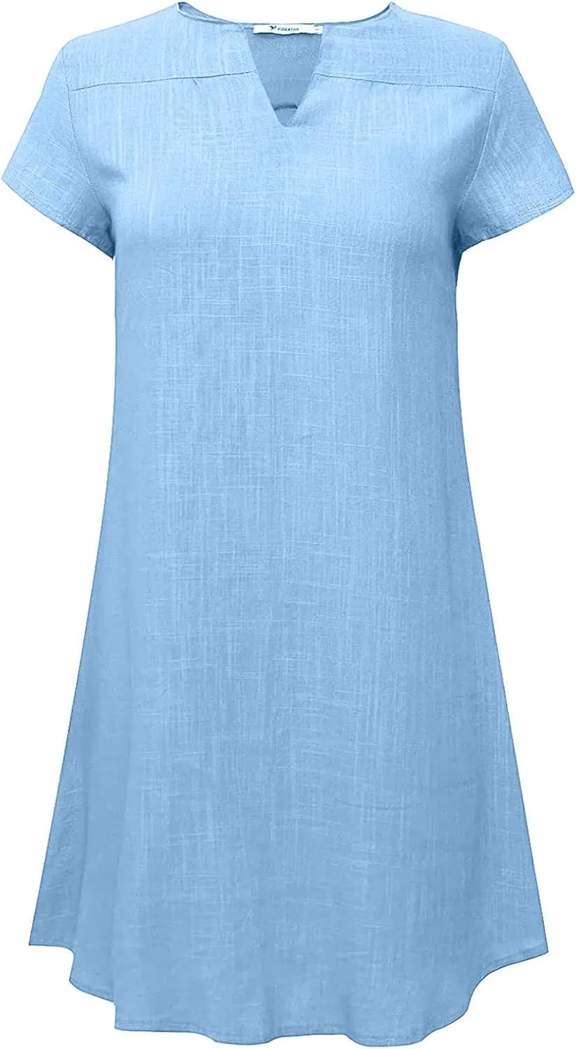 Shirt Dresses for Women Cap Sleeved Vintage Cotton Linen Long Dress Loose Fit Crewneck Casual Summer Dress Pockets