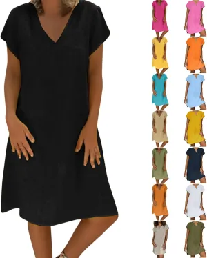 Shirt Dresses for Women Cap Sleeved Vintage Cotton Linen Long Dress Loose Fit Crewneck Casual Summer Dress Pockets