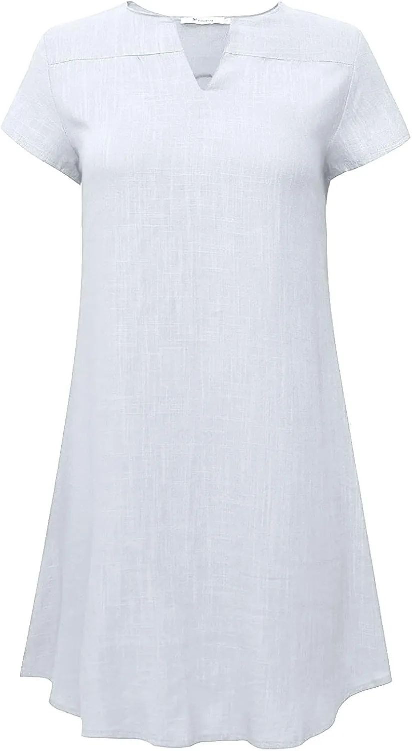 Shirt Dresses for Women Cap Sleeved Vintage Cotton Linen Long Dress Loose Fit Crewneck Casual Summer Dress Pockets