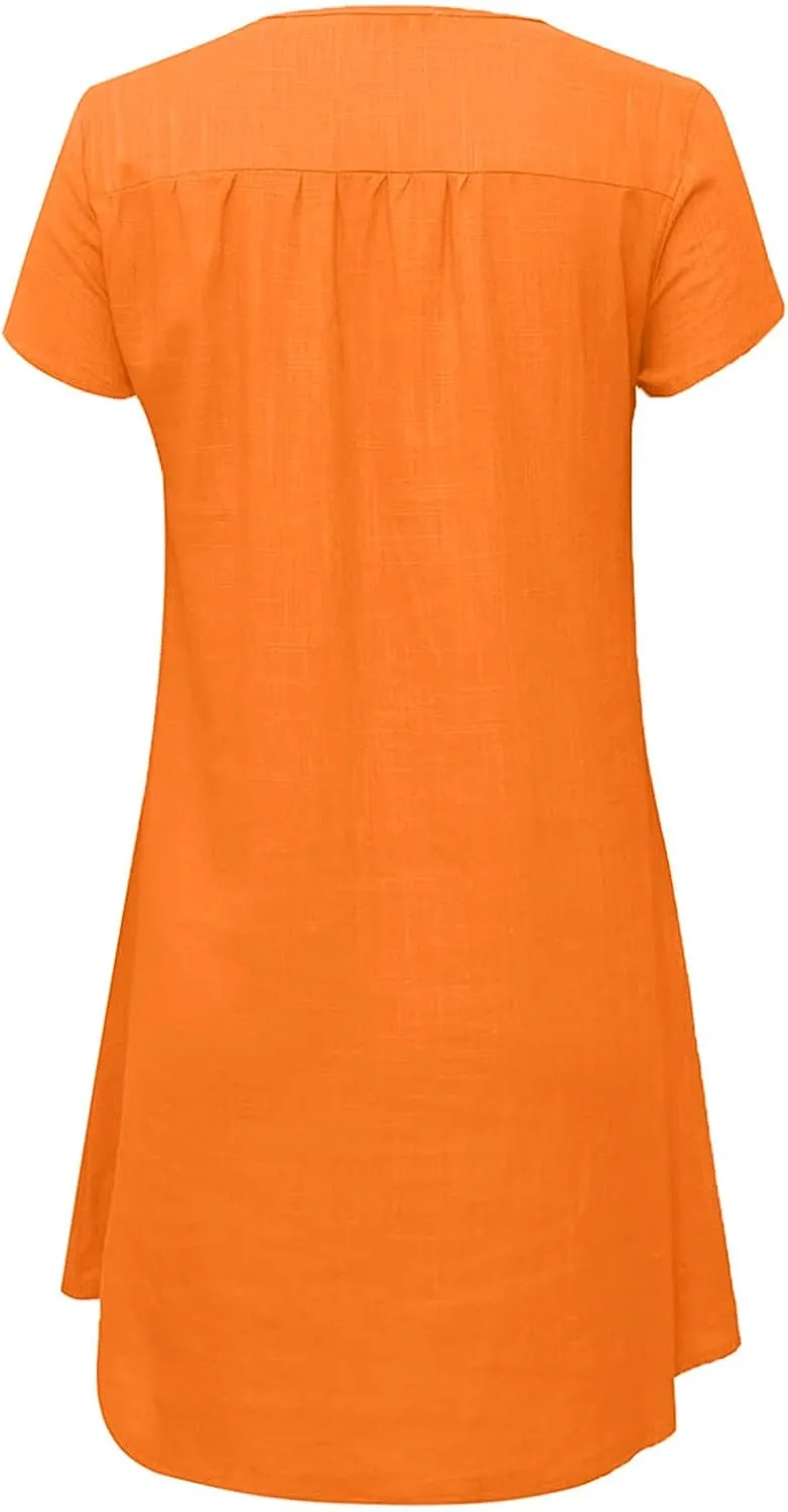 Shirt Dresses for Women Cap Sleeved Vintage Cotton Linen Long Dress Loose Fit Crewneck Casual Summer Dress Pockets