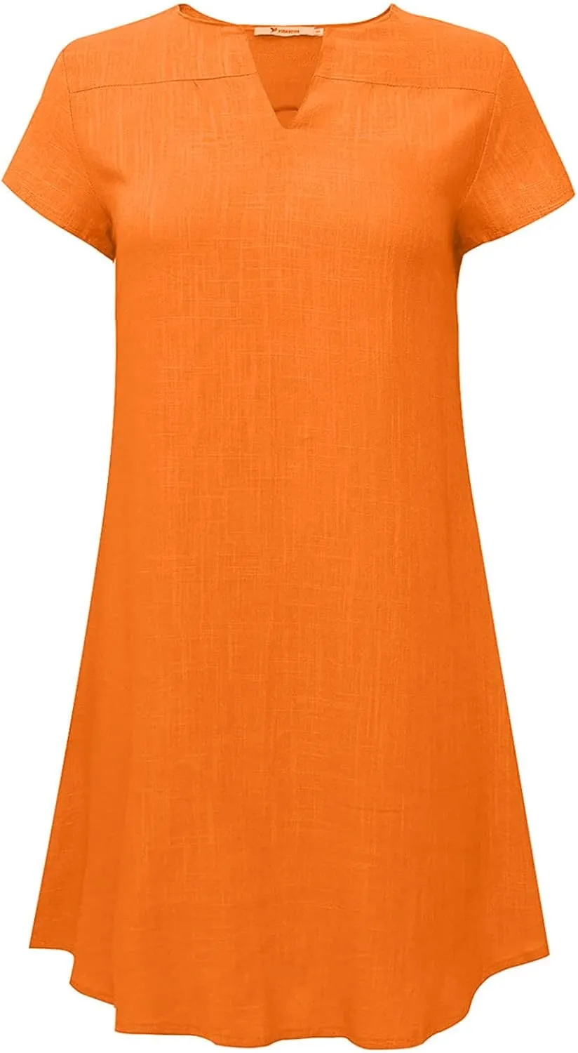 Shirt Dresses for Women Cap Sleeved Vintage Cotton Linen Long Dress Loose Fit Crewneck Casual Summer Dress Pockets