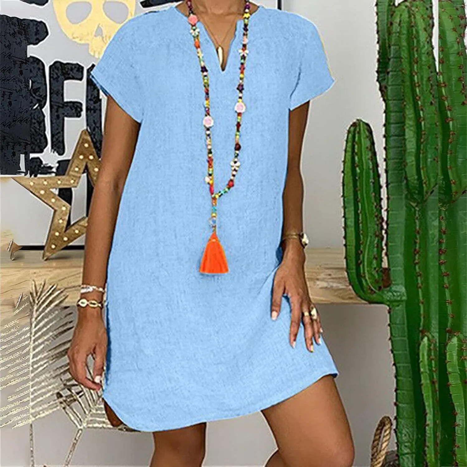 Shirt Dresses for Women Cap Sleeved Vintage Cotton Linen Long Dress Loose Fit Crewneck Casual Summer Dress Pockets