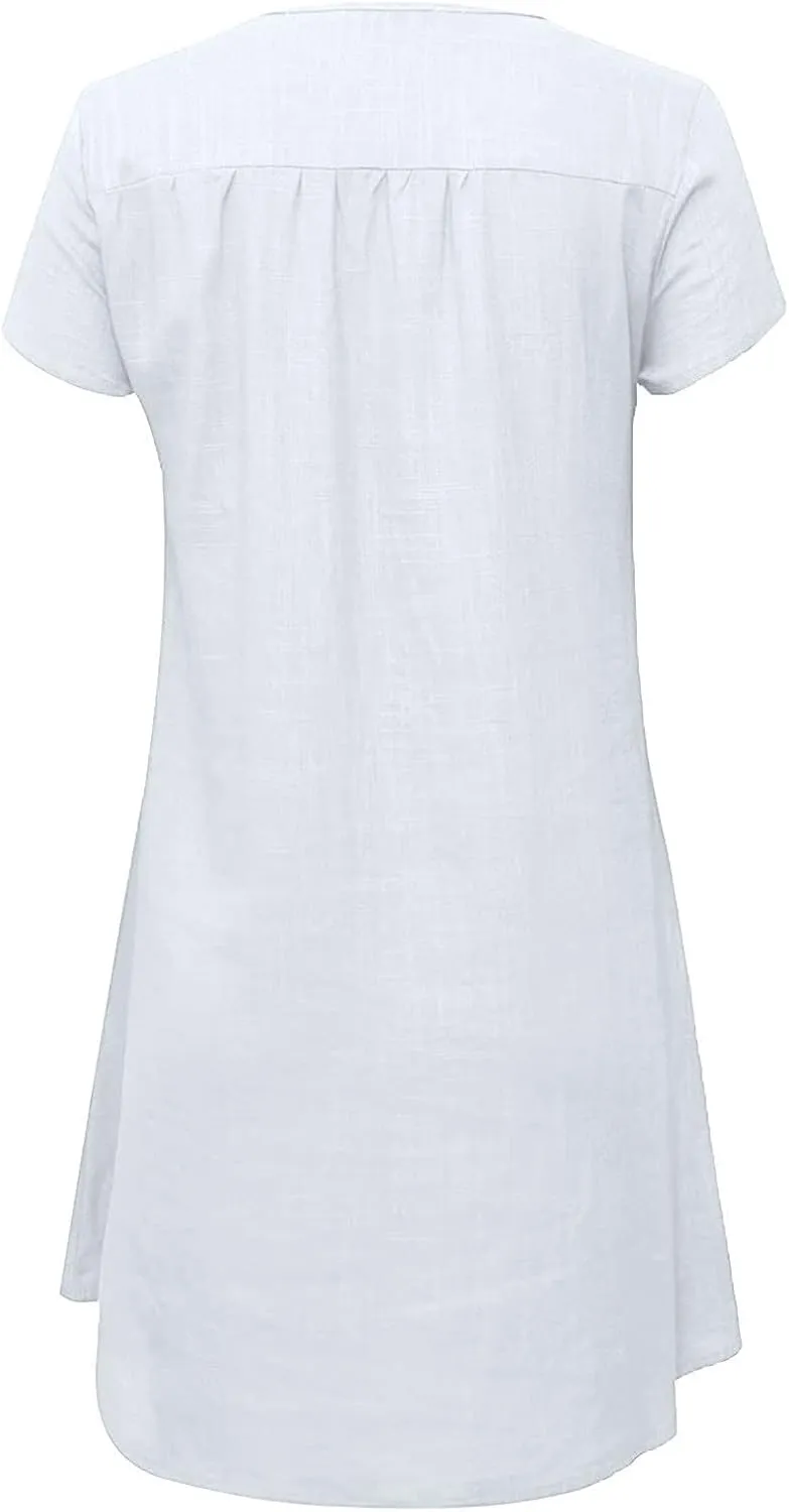 Shirt Dresses for Women Cap Sleeved Vintage Cotton Linen Long Dress Loose Fit Crewneck Casual Summer Dress Pockets