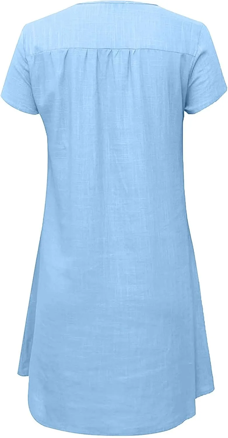 Shirt Dresses for Women Cap Sleeved Vintage Cotton Linen Long Dress Loose Fit Crewneck Casual Summer Dress Pockets