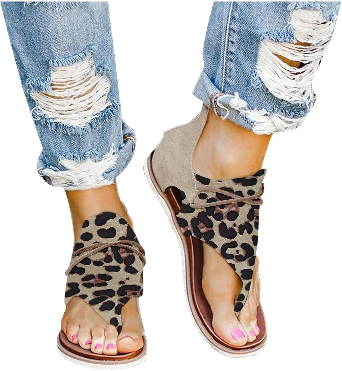 Shoes Summer Sandals Lace Print Casual Flat Women Zip Ladies Leopard Up Wedge for Women Sandals