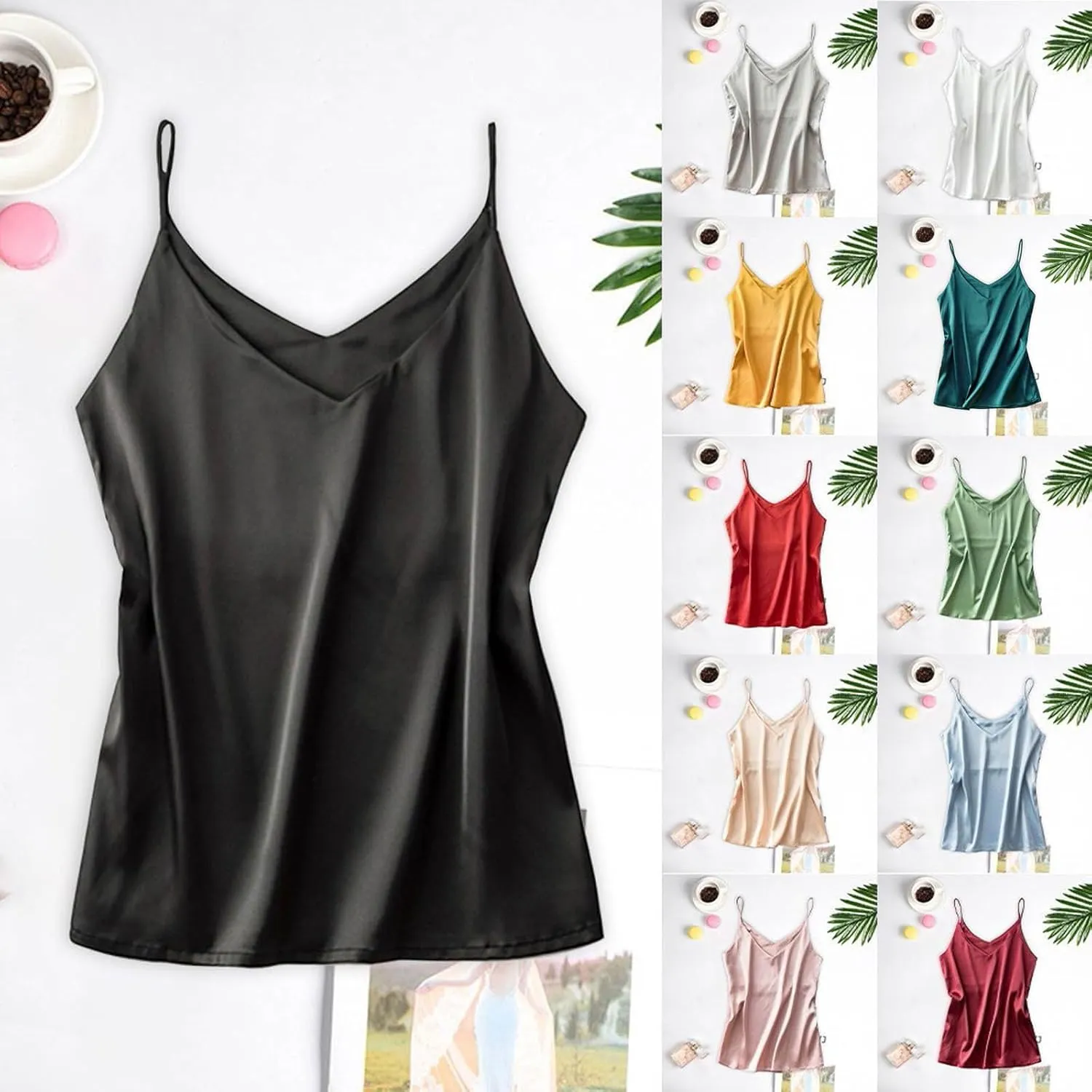 Silk Camisole Tops for Women Casual V Neck Satin Tank Top Comfy Spaghetti Strap Summer Blouses Basic Cami