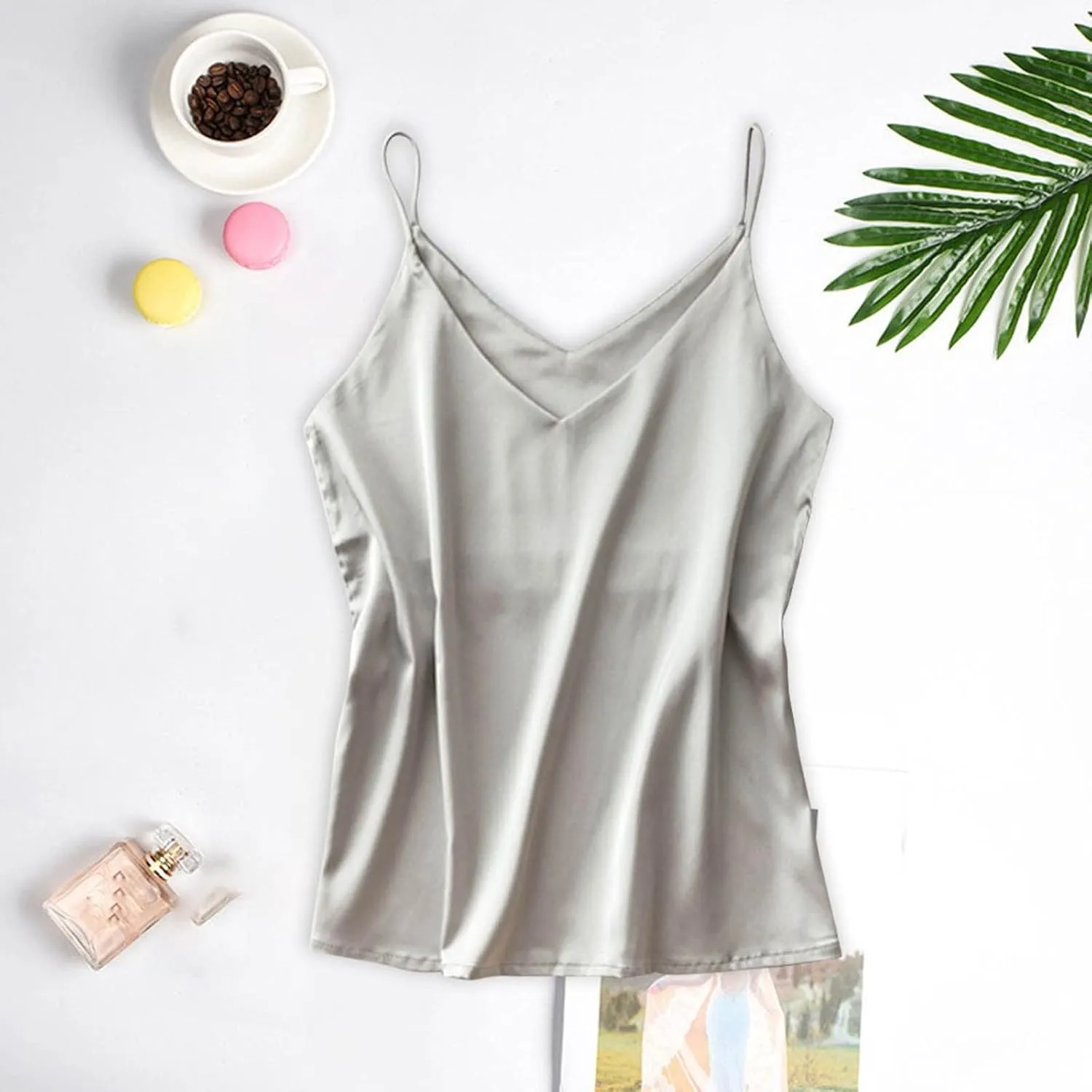 Silk Camisole Tops for Women Casual V Neck Satin Tank Top Comfy Spaghetti Strap Summer Blouses Basic Cami