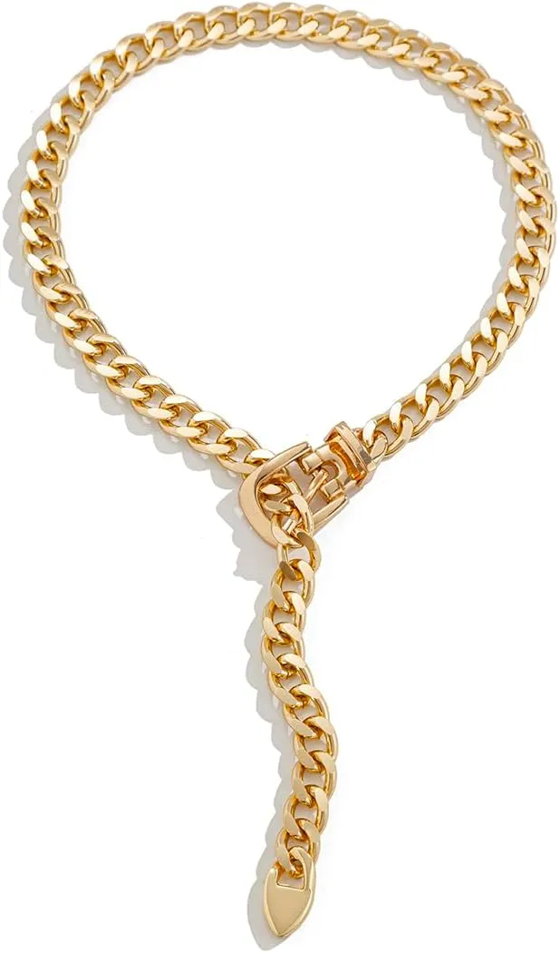 Slip Chain Belt Necklace for Women Punk Cuban Chunky Necklace Link Slip Chain Choker Jewelry Adjustable Gothic Lariat Y-Necklace