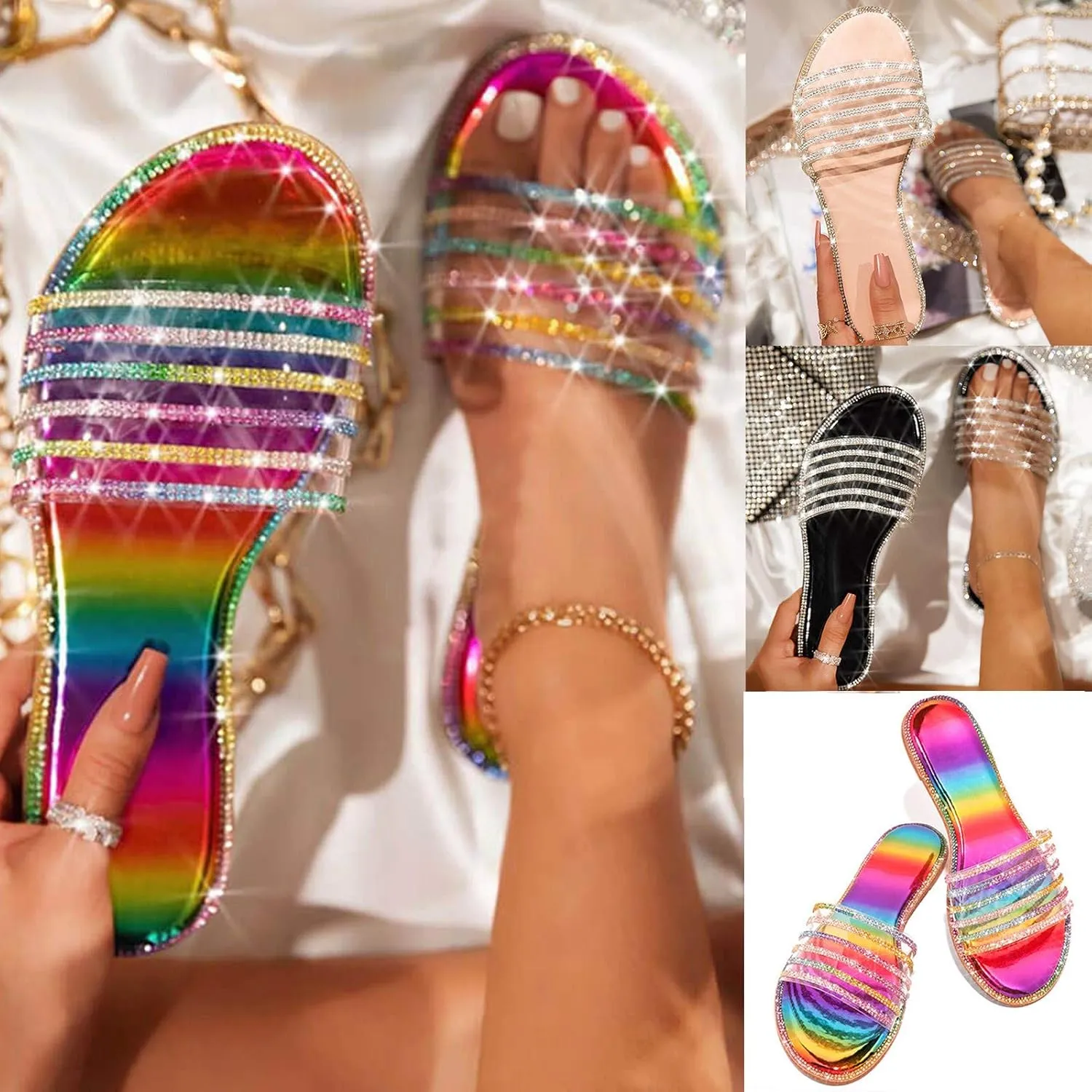 Slippers for Women Summer Beach Flat Slipper Slide Rainbow Stripe Slippers Spring Bohemia Shoes Bohemia Shoes
