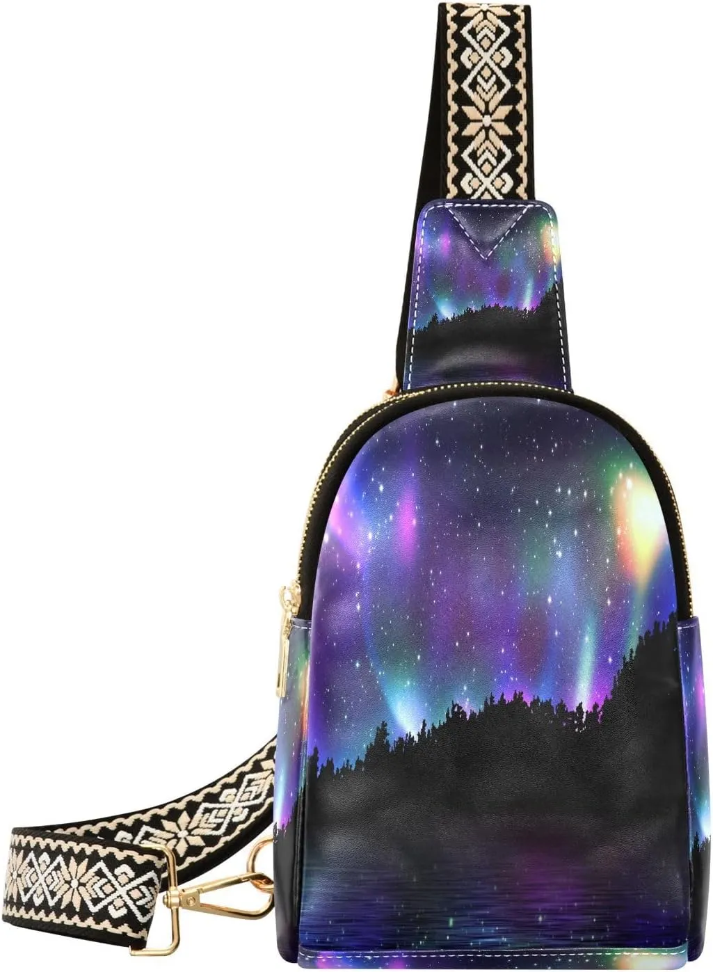 Small Sling Bag for Women Northern Lights PC Leather Fanny Pack Crossbody Night Forest Fashion Waist Packs Chest Bag for Travel Sports Running Hiking