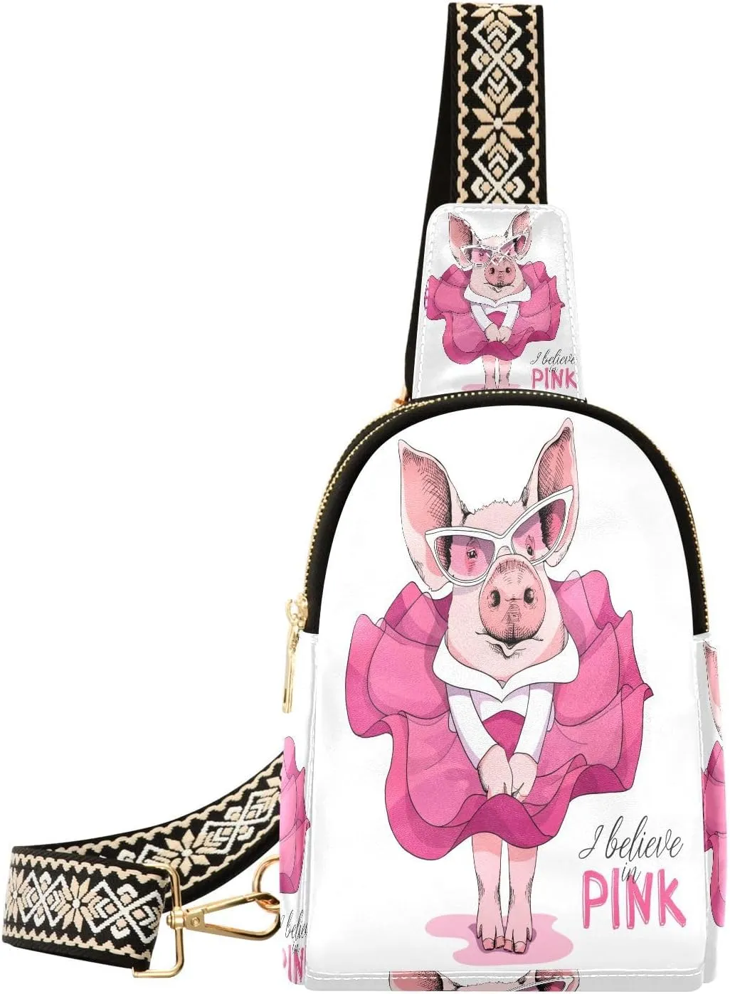 Small Sling Bag for Women Pig in A Pink Dress PC Leather Fanny Pack Crossbody Funny Fashion Waist Packs Chest Bag for Travel Sports Running Hiking