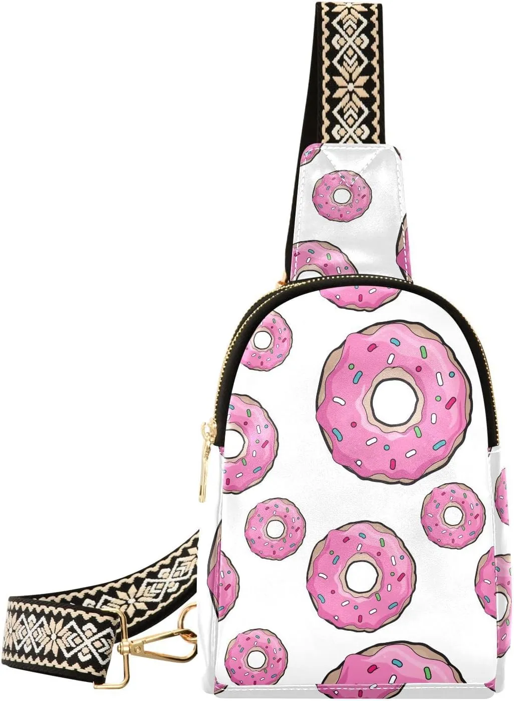 Small Sling Bag for Women Pink Donut Pattern PC Leather Fanny Pack Crossbody Fashion Waist Packs Chest Bag for Travel Sports Running Hiking