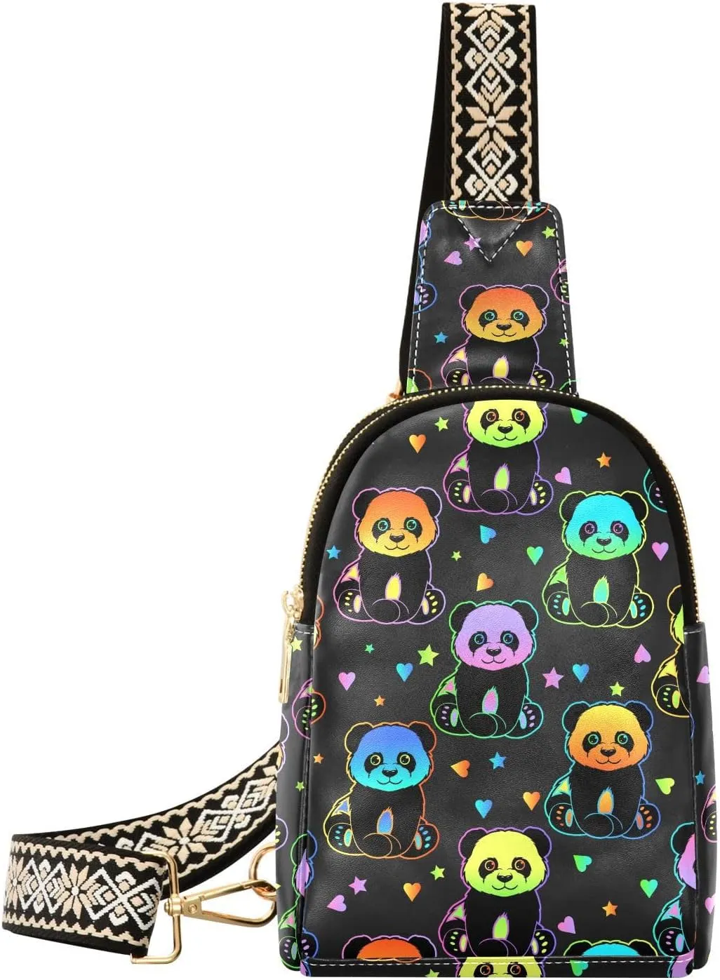 Small Sling Bag for Women Rainbow Pandas Pattern PC Leather Fanny Pack Crossbody Colorful Animals Fashion Waist Packs Chest Bag for Travel Sports Running Hiking