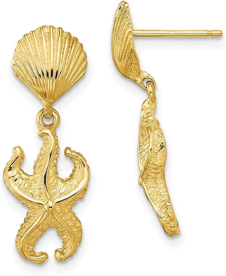 Solid Real 14k Yellow Gold Shell and Starfish Dangle Earrings - 24mm x 9mm