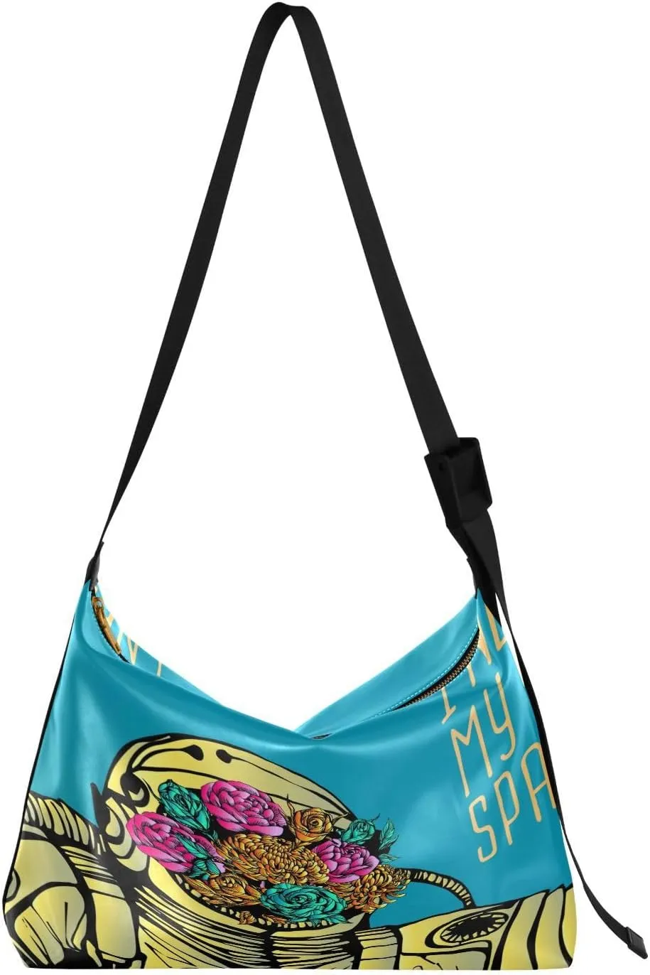 Space Astronaut Quote Hobo Crossbody Bags for Women Leather Large Shoulder Bag Cross Body Flower Spaceman Trendy Womens Tote Bags Handbag for Travel Shopping