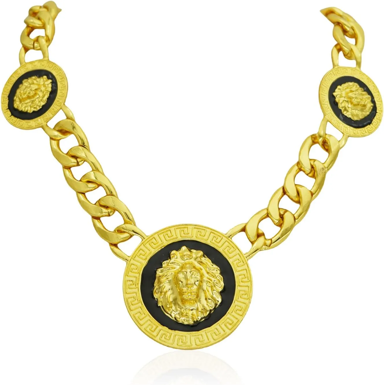 Statement Lion Head King Disc Black Round Chunky Cuban Link Chain Choker Necklace for Women Men,Gold Plated Large Animal Charms Collar Necklace Hip Hop Cocktail Party Jewelry