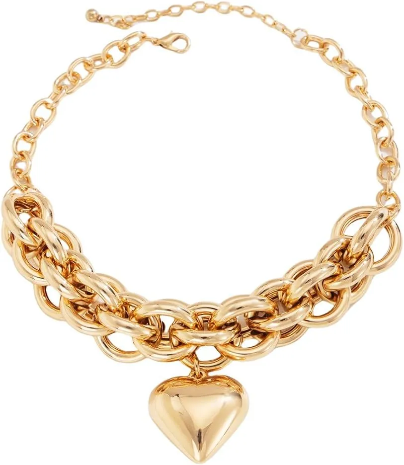 Statement Thick Puffy Heart Chunky Collar Chain Link Silver/14K Gold Plated Cuban Link Chain Paperclip Necklaces for Women,Bold Fashion Charms Paper Clip Pendant Punk Hip hop Jewelry