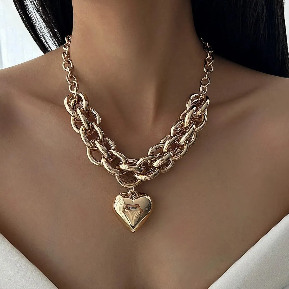 Statement Thick Puffy Heart Chunky Collar Chain Link Silver/14K Gold Plated Cuban Link Chain Paperclip Necklaces for Women,Bold Fashion Charms Paper Clip Pendant Punk Hip hop Jewelry