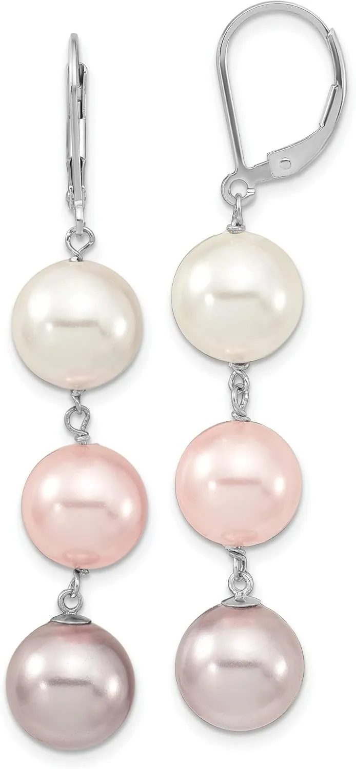Sterling Silver 10-11mm White Purple Imitation Shell Pearl Leverback Earrings 10