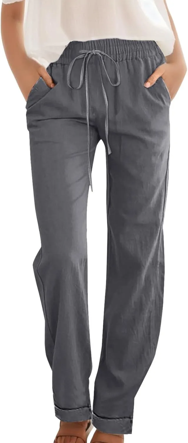 Straight Leg Linen Pants for Women 2025 Summer Slim Leg Elastic Waist Trousers Fashion Casual Lounge Work Office Pant