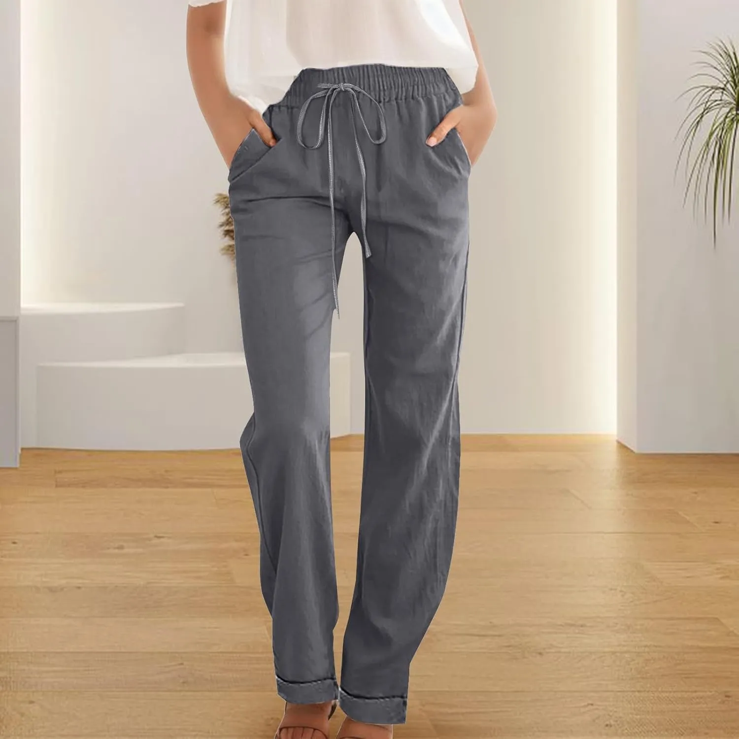 Straight Leg Linen Pants for Women 2025 Summer Slim Leg Elastic Waist Trousers Fashion Casual Lounge Work Office Pant