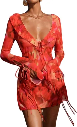 Summer Cover ups for Women Beach Vacation Sexy Mesh Sheer Pool Party Mini Swimsuit Dress Backless Bikini Swimwear
