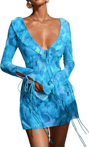 Summer Cover ups for Women Beach Vacation Sexy Mesh Sheer Pool Party Mini Swimsuit Dress Backless Bikini Swimwear