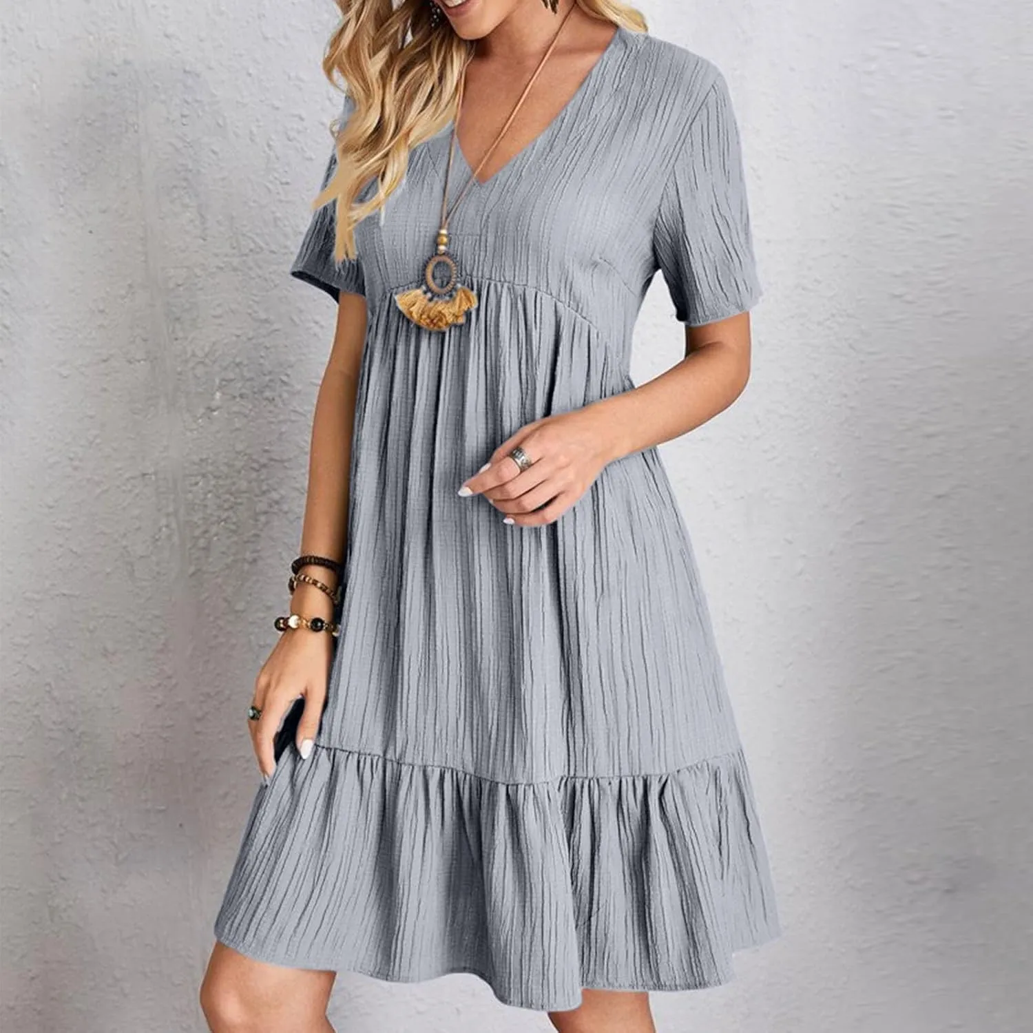 Summer Dresses for Women 2025 Vacation Short Sleeve V Neck Mini T Shirt Dress Pleated Flowy Tiered Beach Sundress