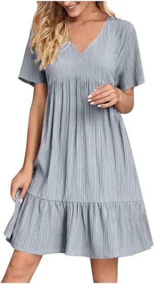 Summer Dresses for Women 2025 Vacation Short Sleeve V Neck Mini T Shirt Dress Pleated Flowy Tiered Beach Sundress