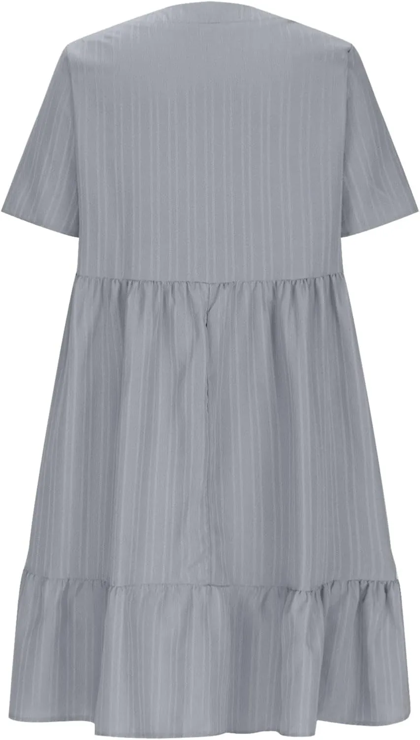 Summer Dresses for Women 2025 Vacation Short Sleeve V Neck Mini T Shirt Dress Pleated Flowy Tiered Beach Sundress