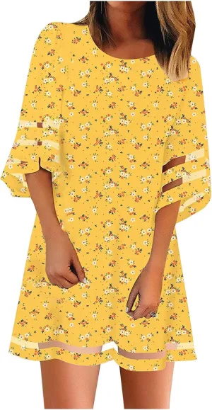 Summer Dresses for Women 3/4 Hollow Sleeve Mini Dress Net Yarn Flared Sleeve Long Tops Casual Midi Dress