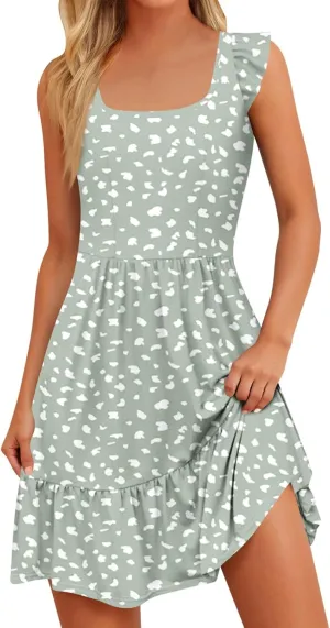 Summer Dresses for Women Casual Square Neck Ruffle Tiered Floral Sundress Boho Beach A Line Mini Dress with Pockets