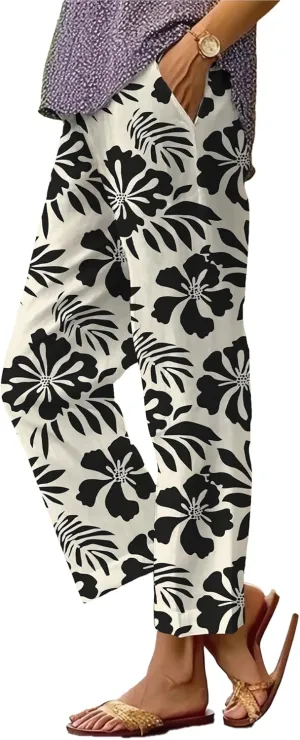 Summer Linen Pants for Women Wide Leg Boho Pants Loose Palazzo Pants Floral Pants with Drawstring and Pockets