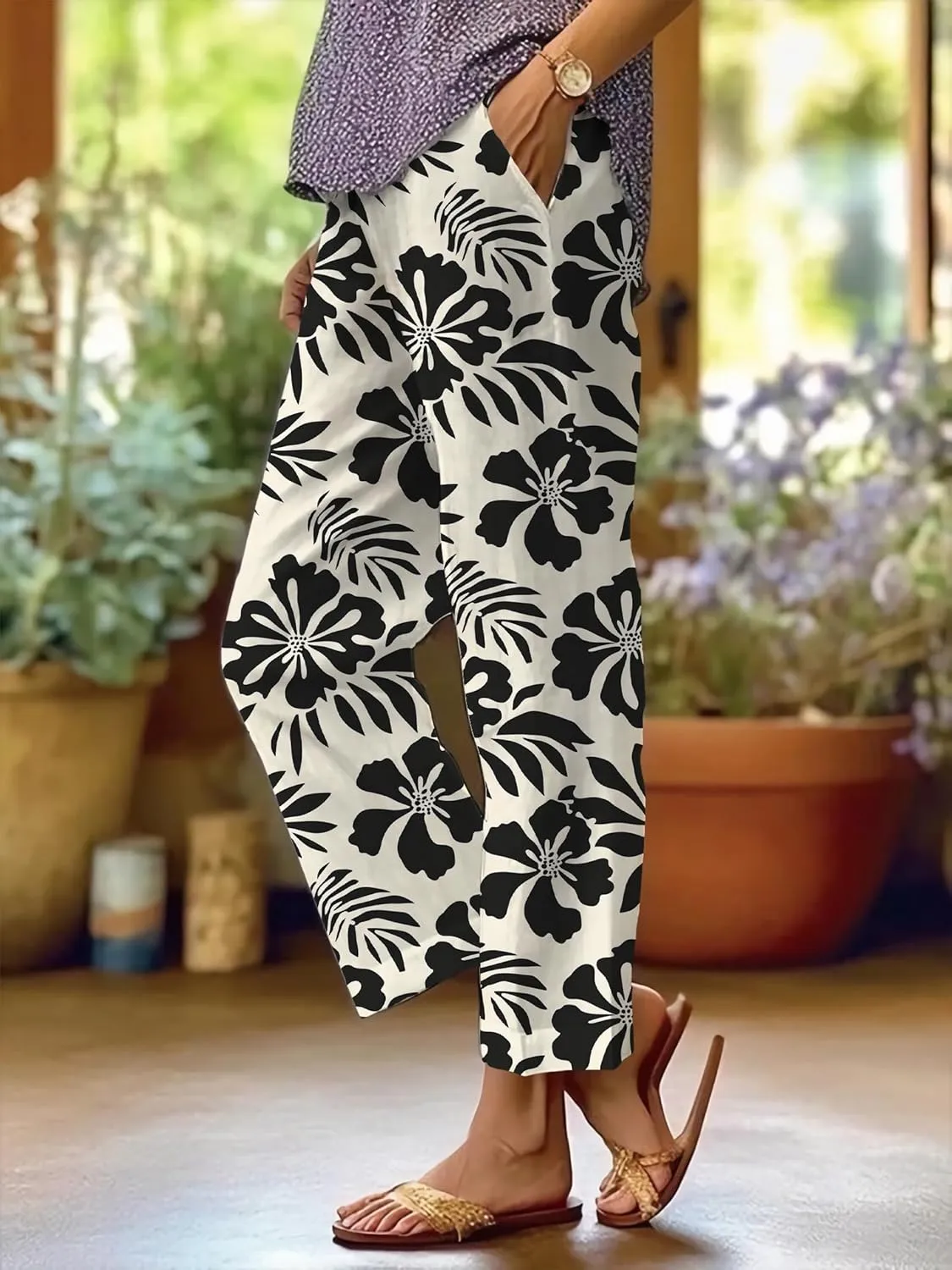 Summer Linen Pants for Women Wide Leg Boho Pants Loose Palazzo Pants Floral Pants with Drawstring and Pockets