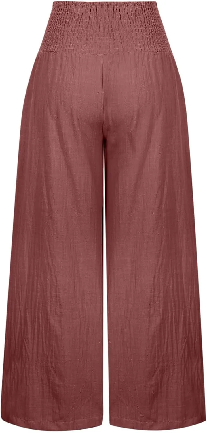 Summer Linen Pants Women Palazzo Pants Drawstring Elastic Waist Wide Leg Pants High Waist Lounge Pants Casual Trouser